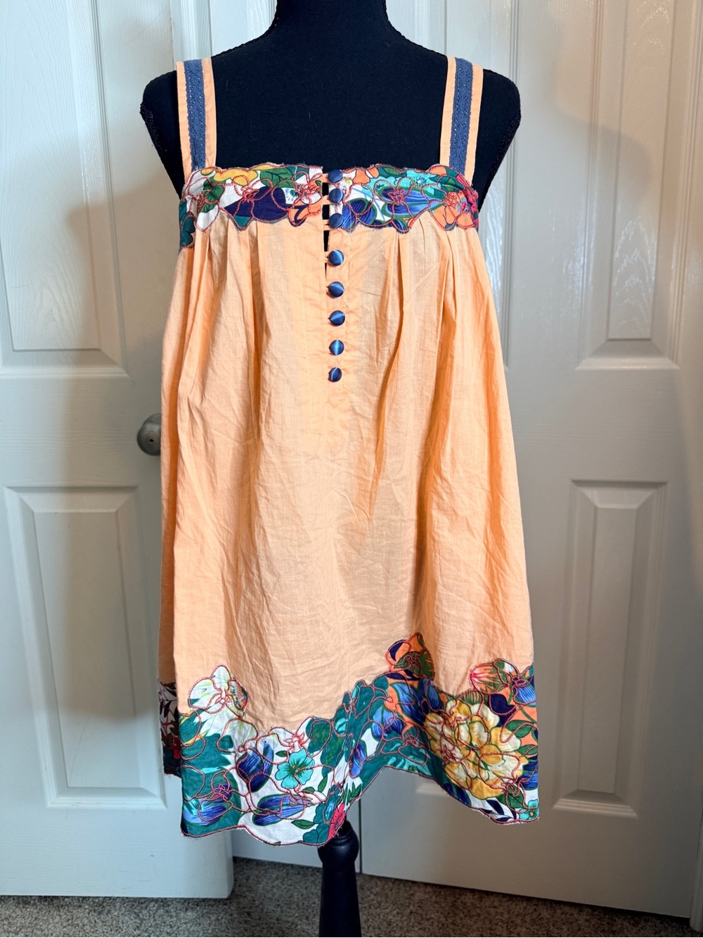 Aria Boho Peach Floral Appliqué Embroidered Trapeze Babydoll Tunic Top